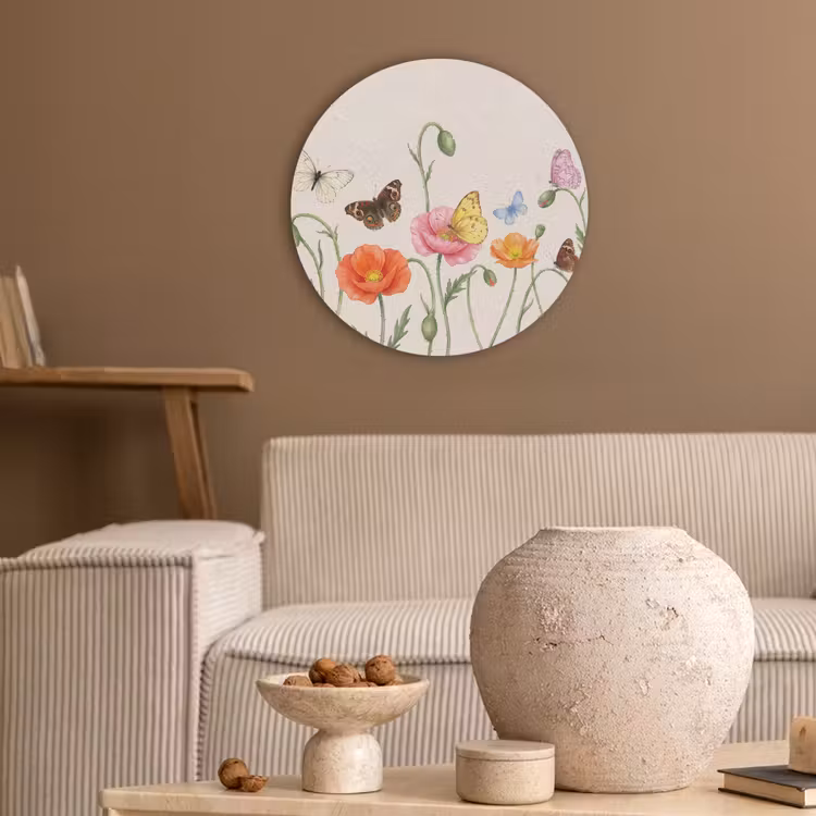 Vlinders - Klaprozen - Illustratie - Kleurrijk Akoestische PET Vilt - Rond klein -sfeer1