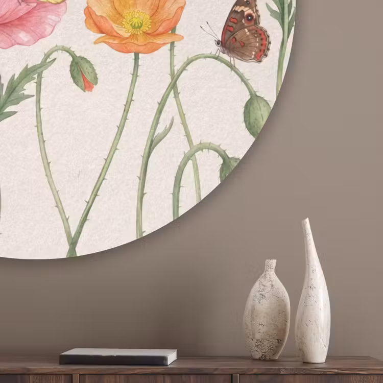 Vlinders - Klaprozen - Illustratie - Kleurrijk Akoestische PET Vilt - Rond klein -sfeer5_closeup