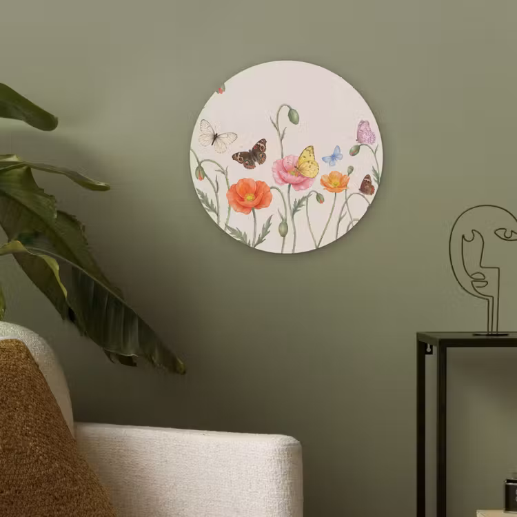 Vlinders - Klaprozen - Illustratie - Kleurrijk Akoestische PET Vilt - Rond klein -sfeer2