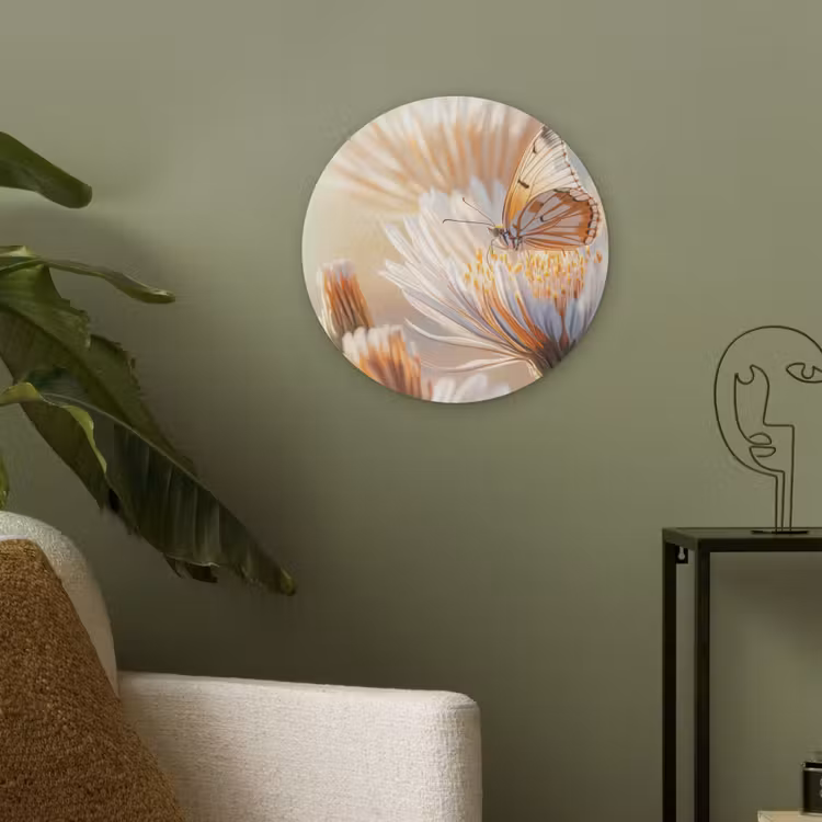 Vlinder - Bloem - Oranje Akoestische PET Vilt - Rond klein -sfeer2