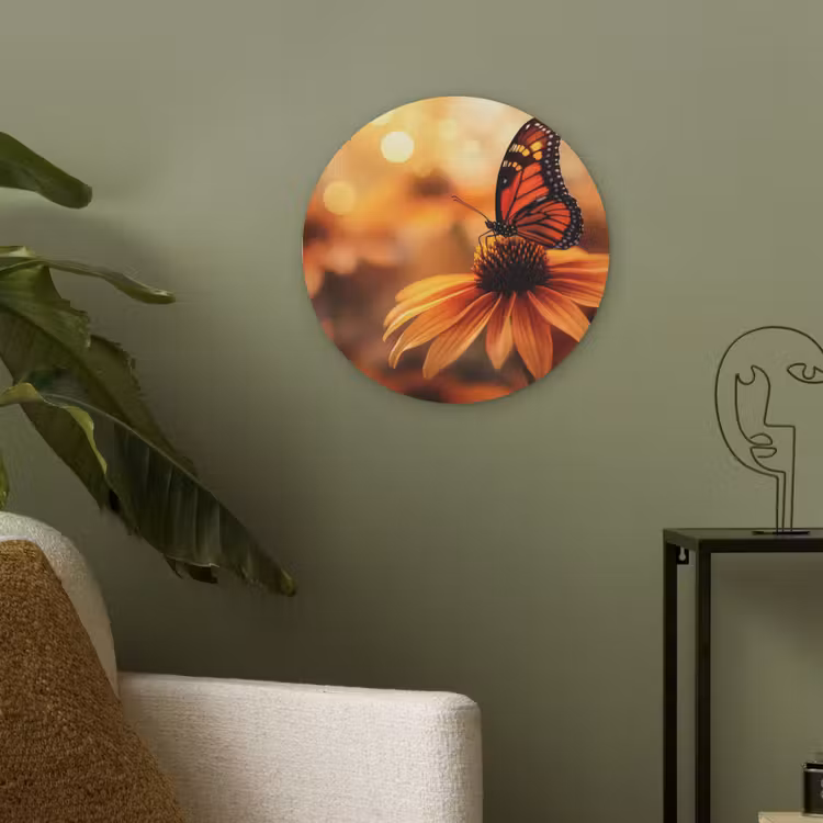 Vlinder - Bloemen - Oranje Akoestische PET Vilt - Rond klein -sfeer2