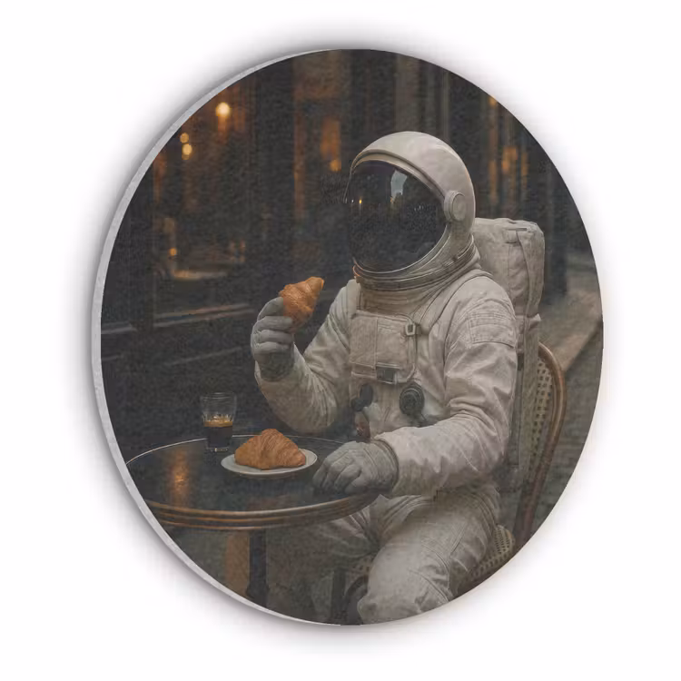 Café - Croissant - Koffie - Astronaut Akoestische PET Vilt - Rond klein -3d
