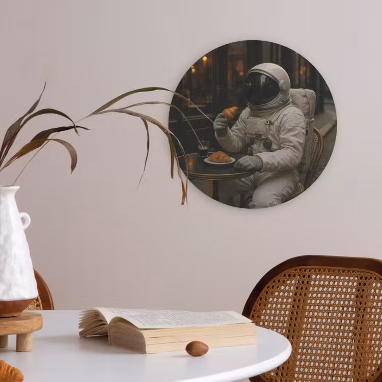 Café - Croissant - Koffie - Astronaut Akoestische PET Vilt - Rond klein -sfeer3