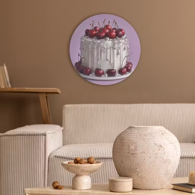 Taart - Kersen - Juwelen - Rood Akoestische PET Vilt - Rond klein -sfeer1
