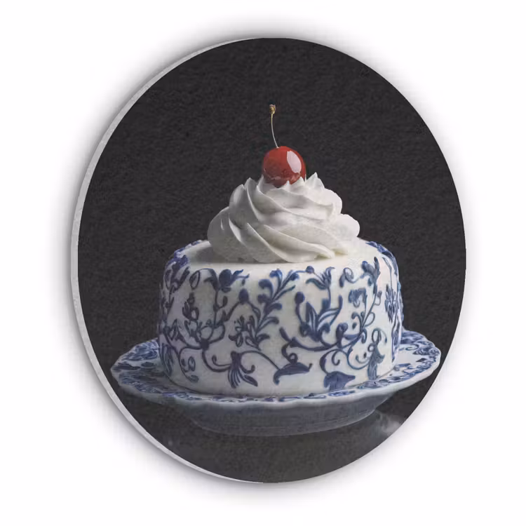 Taart - Slagroom - Kers - Bord - Delfts blauw Akoestische PET Vilt - Rond klein -3d
