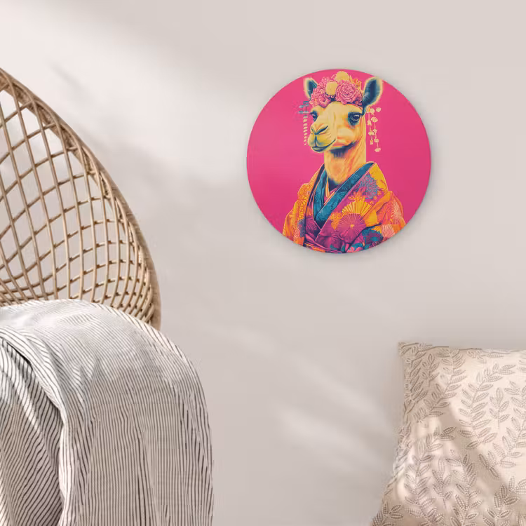 Kameel - Bloemen - Kimono - Waaiers Akoestische PET Vilt - Rond klein -sfeer4