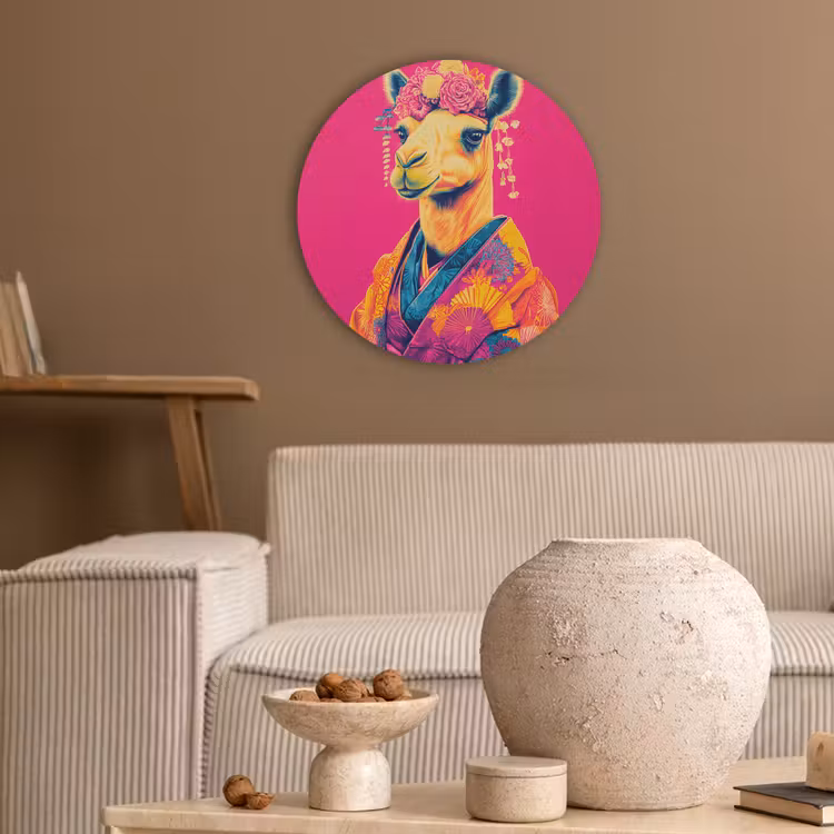 Kameel - Bloemen - Kimono - Waaiers Akoestische PET Vilt - Rond klein -sfeer1