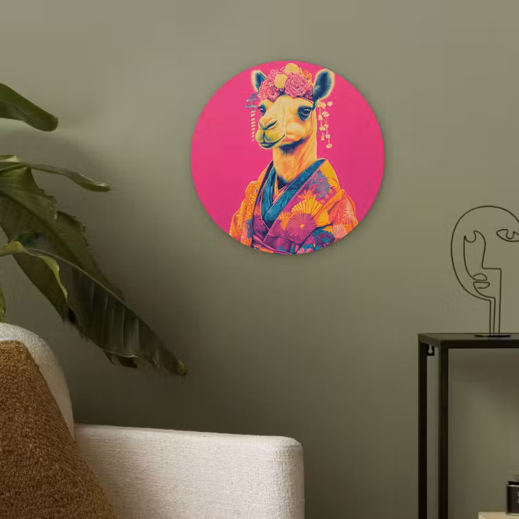 Kameel - Bloemen - Kimono - Waaiers Akoestische PET Vilt - Rond klein -sfeer2