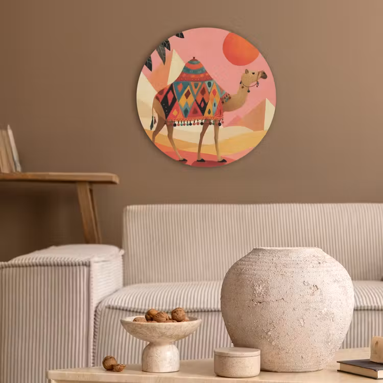 Kameel - Pyramides - Rode zon Akoestische PET Vilt - Rond klein -sfeer1