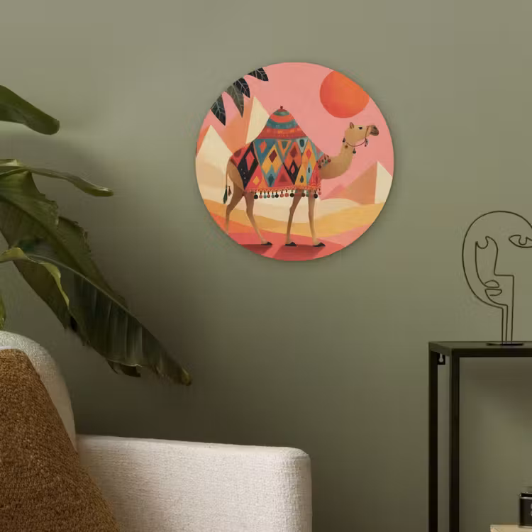 Kameel - Pyramides - Rode zon Akoestische PET Vilt - Rond klein -sfeer2
