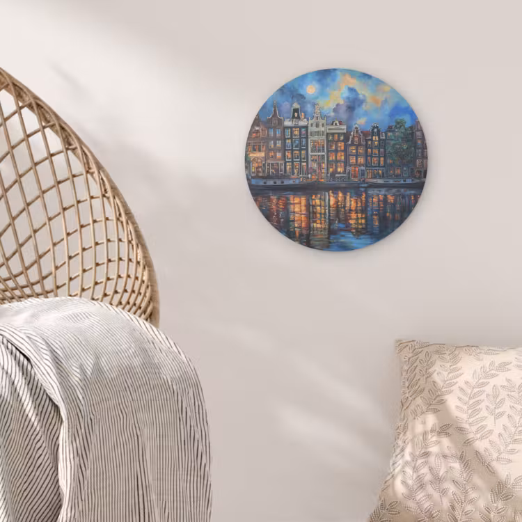 Grachten Amsterdam - Huizen - Stad - Kleurrijk Akoestische PET Vilt - Rond klein -sfeer4