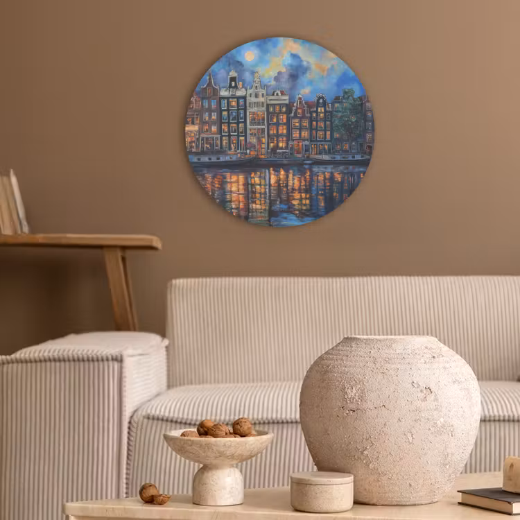 Grachten Amsterdam - Huizen - Stad - Kleurrijk Akoestische PET Vilt - Rond klein -sfeer1