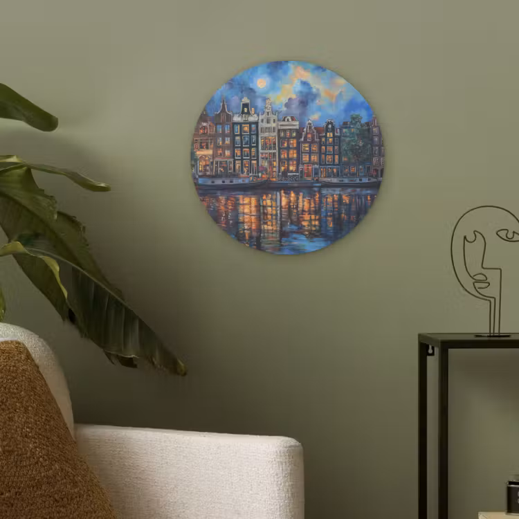 Grachten Amsterdam - Huizen - Stad - Kleurrijk Akoestische PET Vilt - Rond klein -sfeer2