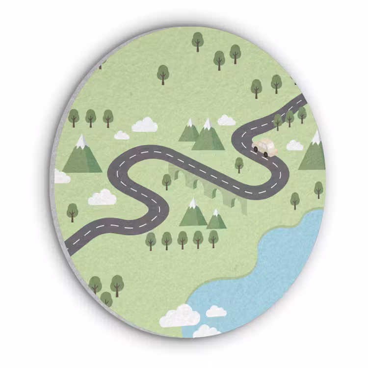 Auto - Bergweg - Natuur - Illustratie Akoestische PET Vilt - Rond klein -3d