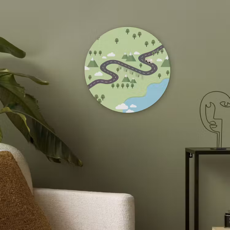 Auto - Bergweg - Natuur - Illustratie Akoestische PET Vilt - Rond klein -sfeer2