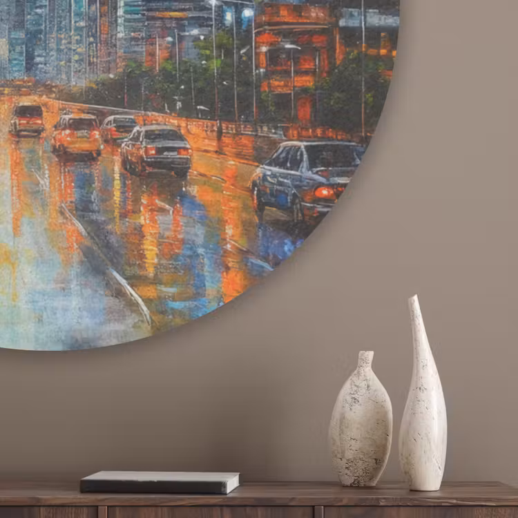 Auto - Skyline - Zon - Blauw Akoestische PET Vilt - Rond klein -sfeer5_closeup