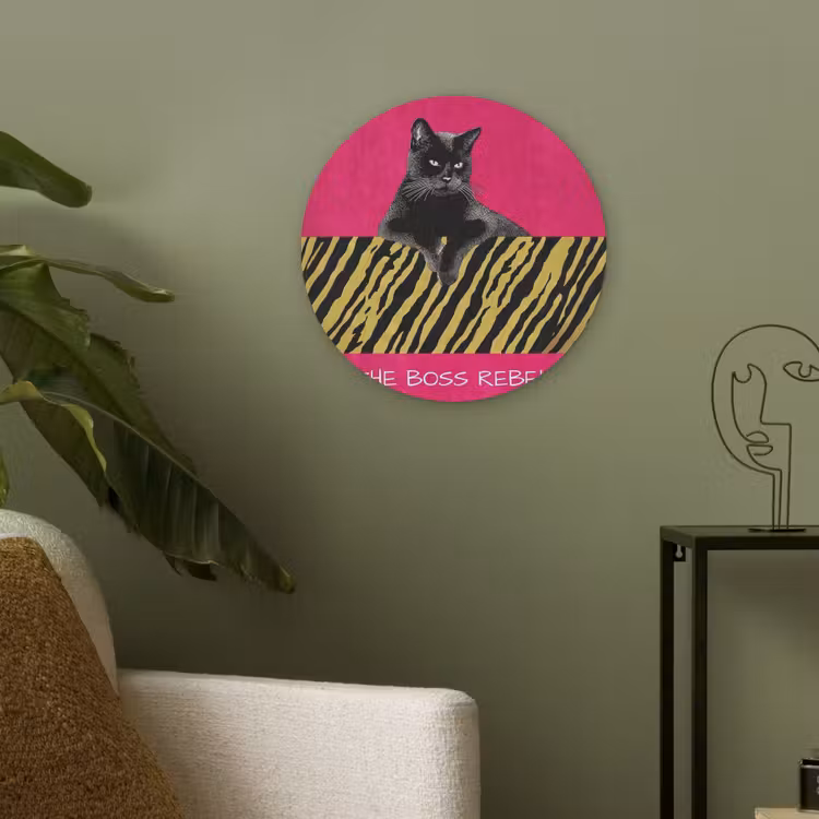 Kat - Baas - Roze - Tijgerprint Akoestische PET Vilt - Rond klein -sfeer2