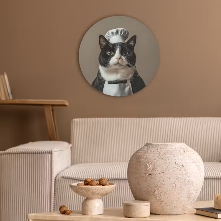 Kat - Kokskleding - Zwart - Wit Akoestische PET Vilt - Rond klein -sfeer1