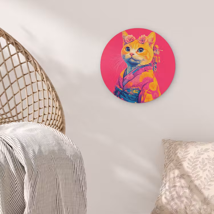 Kat - Kimono - Bloemen - Roze Akoestische PET Vilt - Rond klein -sfeer4