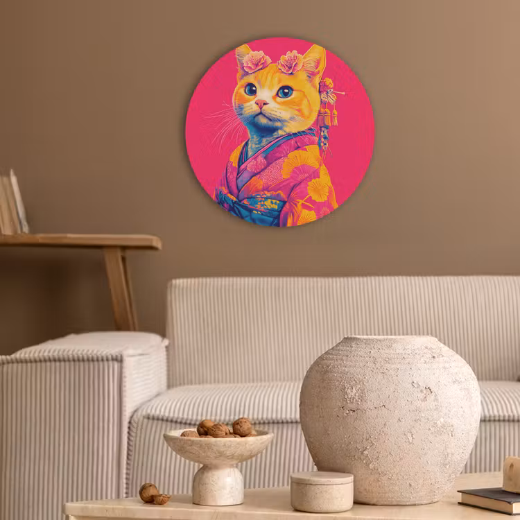 Kat - Kimono - Bloemen - Roze Akoestische PET Vilt - Rond klein -sfeer1