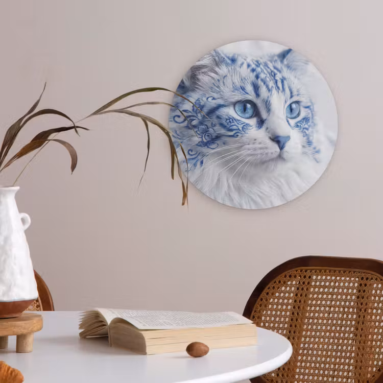 Kat - Patroon - Blauw Akoestische PET Vilt - Rond klein -sfeer3