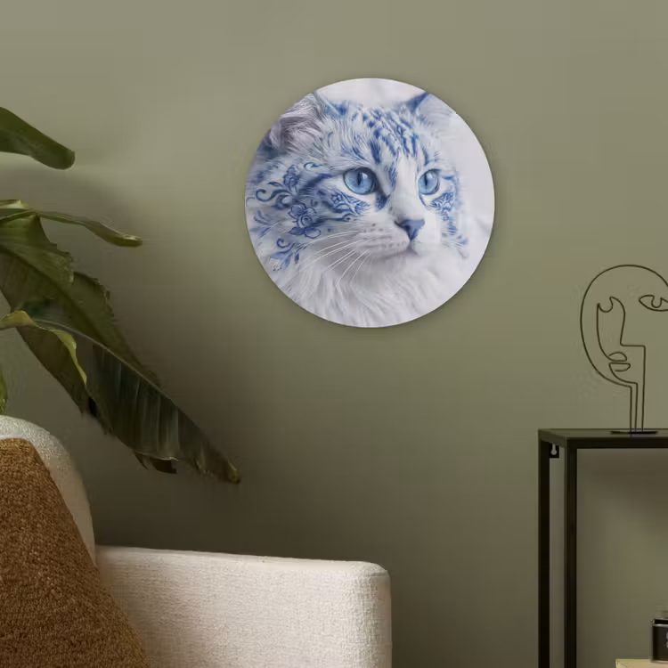 Kat - Patroon - Blauw Akoestische PET Vilt - Rond klein -sfeer2