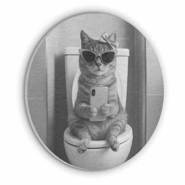 Kat - Telefoon - Toilet - Zwart - Wit Akoestische PET Vilt - Rond klein -3d