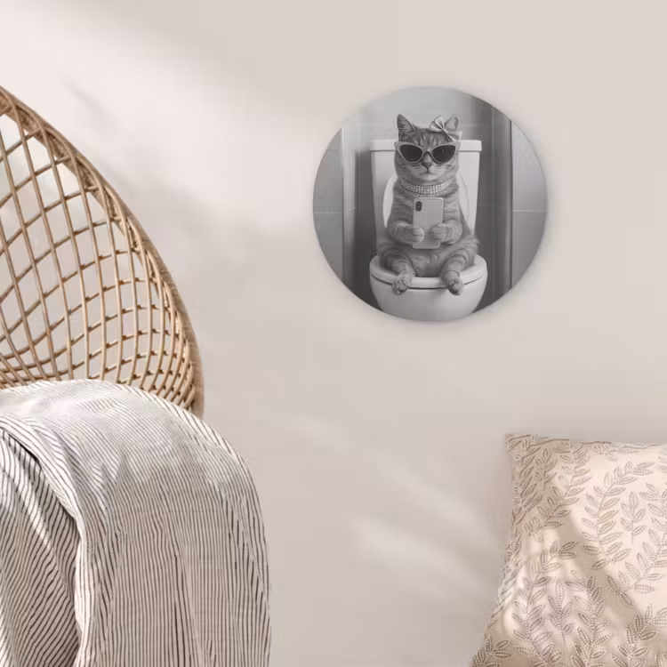 Kat - Telefoon - Toilet - Zwart - Wit Akoestische PET Vilt - Rond klein -sfeer4