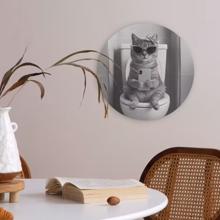 Kat - Telefoon - Toilet - Zwart - Wit Akoestische PET Vilt - Rond klein -sfeer3