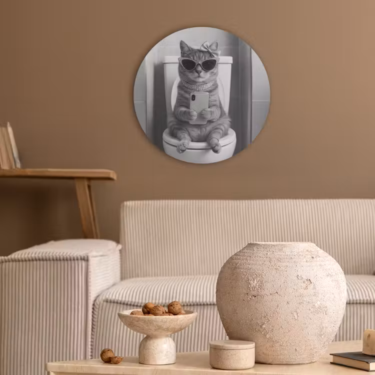 Kat - Telefoon - Toilet - Zwart - Wit Akoestische PET Vilt - Rond klein -sfeer1