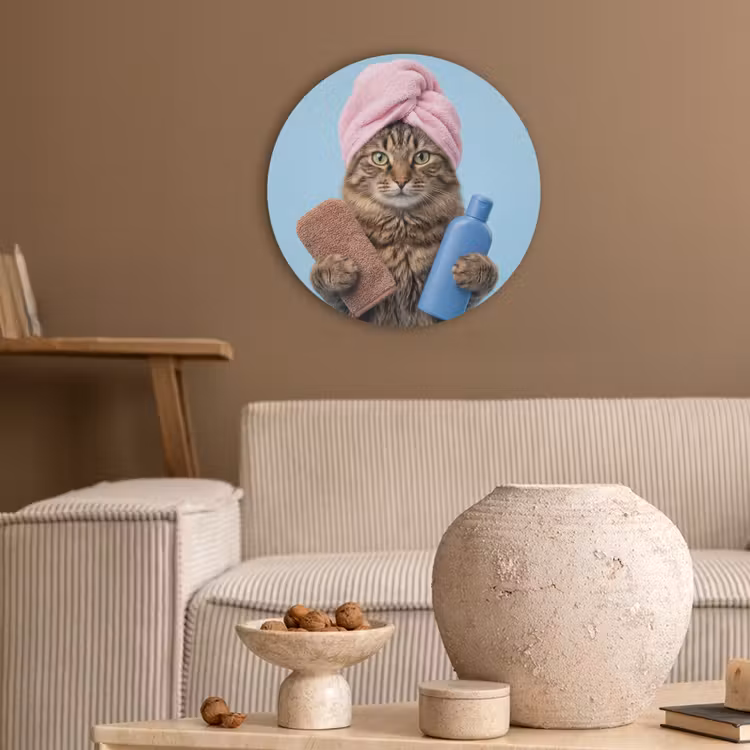 Kat - Handdoek - Washand - Zeep Akoestische PET Vilt - Rond klein -sfeer1