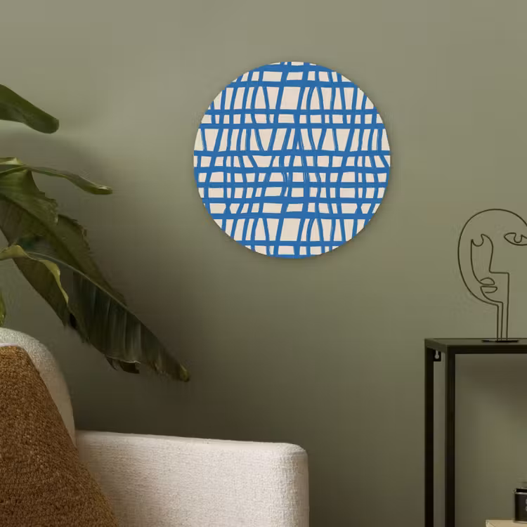 Ruitpatroon - Blauw - Crème Akoestische PET Vilt - Rond klein 838 -sfeer2