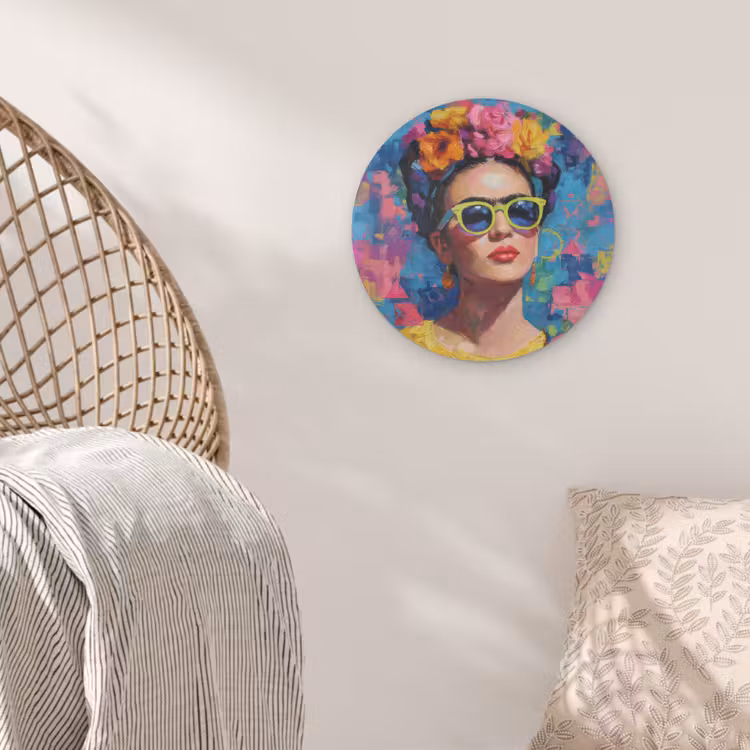 Vrolijk portret - Vrouw - Bloemenkroon Akoestische PET Vilt - Rond klein -sfeer4