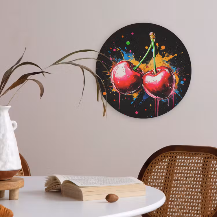 Kersen - Fruit - Graffiti - Verf - Abstract - Modern - Kleurrijk Akoestische PET Vilt - Rond klein -sfeer3