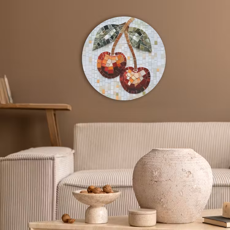 Kersen - Rood - Mozaïek - Blaadjes Akoestische PET Vilt - Rond klein -sfeer1