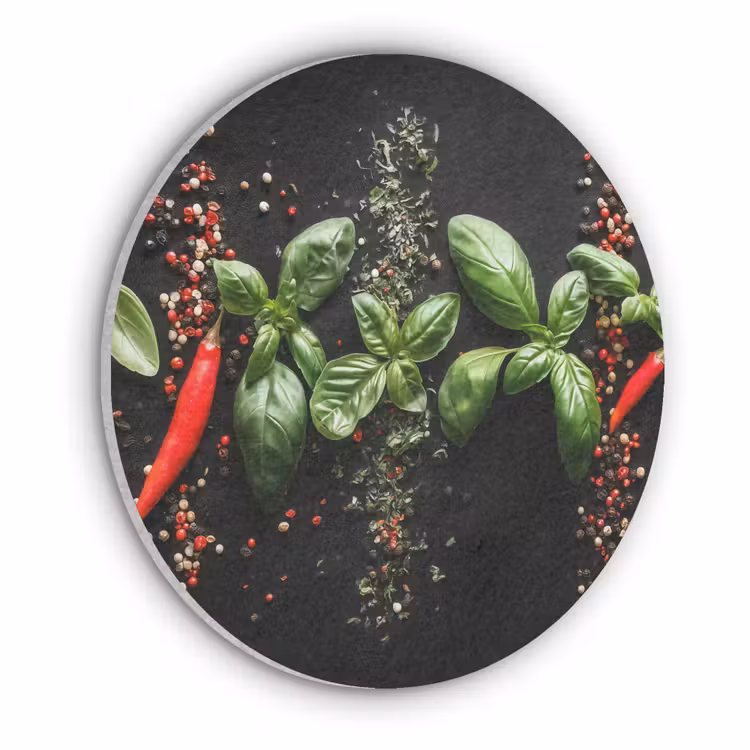 Chilipepers - Basilicum - Blaadjes - Rood Akoestische PET Vilt - Rond klein -3d