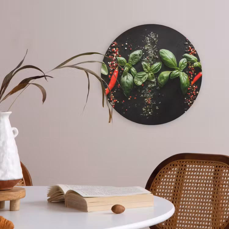Chilipepers - Basilicum - Blaadjes - Rood Akoestische PET Vilt - Rond klein -sfeer3