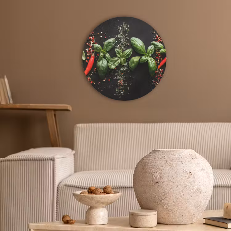 Chilipepers - Basilicum - Blaadjes - Rood Akoestische PET Vilt - Rond klein -sfeer1