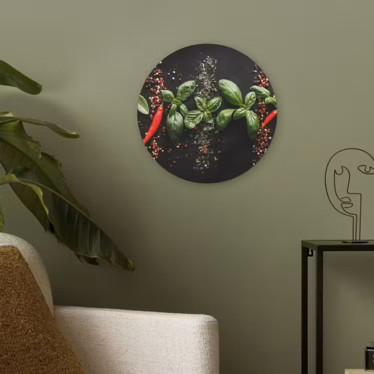 Chilipepers - Basilicum - Blaadjes - Rood Akoestische PET Vilt - Rond klein -sfeer2
