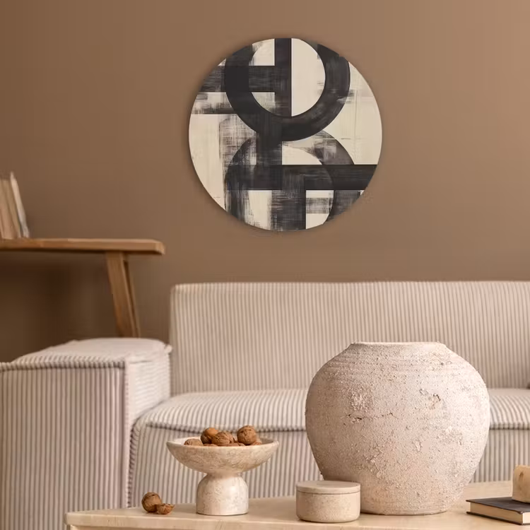 Cirkels - Balken - Zwart - Abstract Akoestische PET Vilt - Rond klein -sfeer1