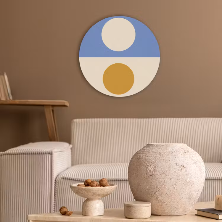 Cirkels - Symmetrisch - Wit - Blauw- Geel Akoestische PET Vilt - Rond klein -sfeer1