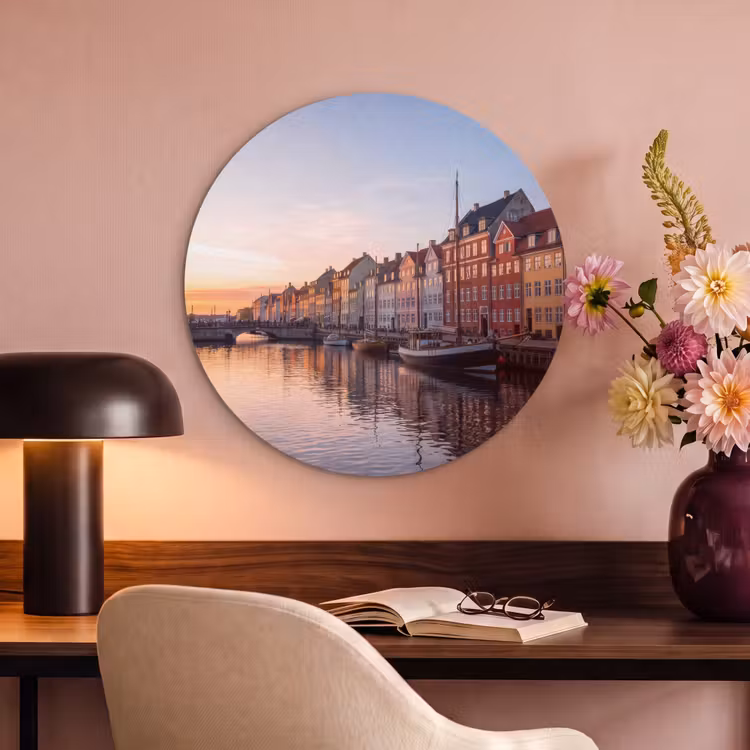 Stad - Gracht - Zonsondergang - Klassiek - Kleurrijk Akoestische PET Vilt - Rond klein -sfeer3