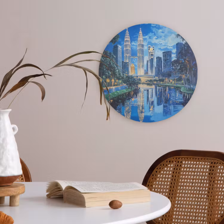 Stad Kuala Lumpur - Skyline - Wolkenkrabbers - Water Akoestische PET Vilt - Rond klein -sfeer3