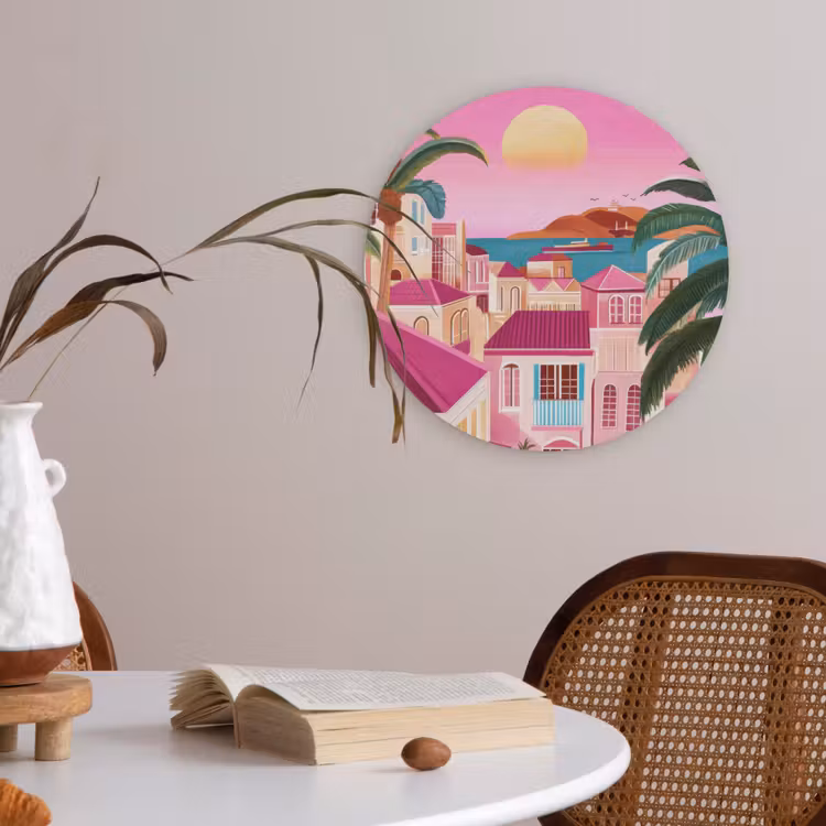 Stad - Roze - Palmbomen Akoestische PET Vilt - Rond klein -sfeer3