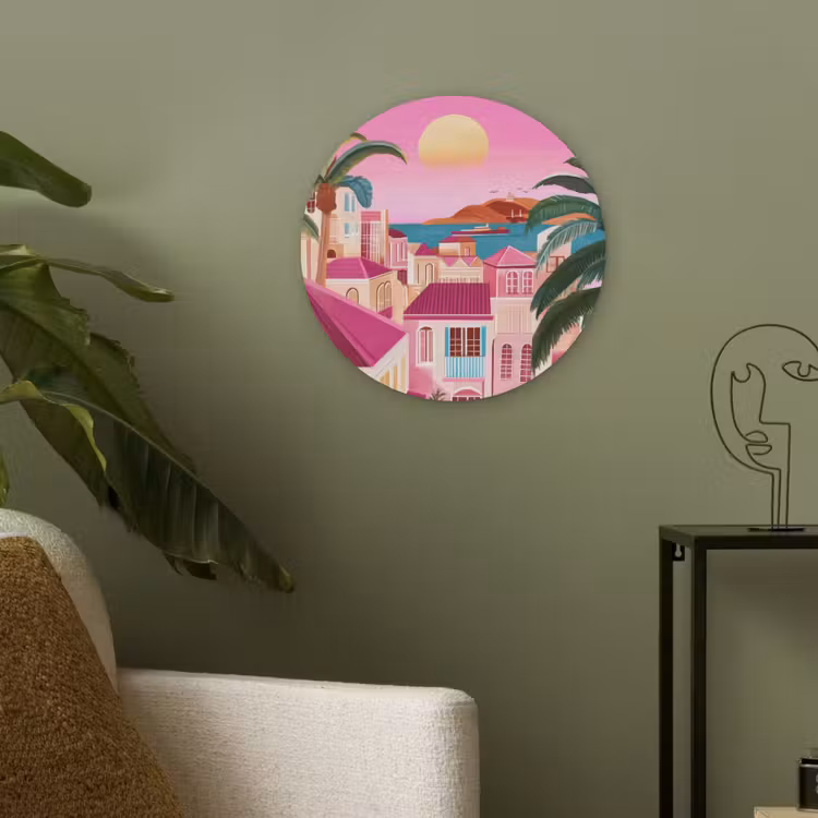 Stad - Roze - Palmbomen Akoestische PET Vilt - Rond klein -sfeer2