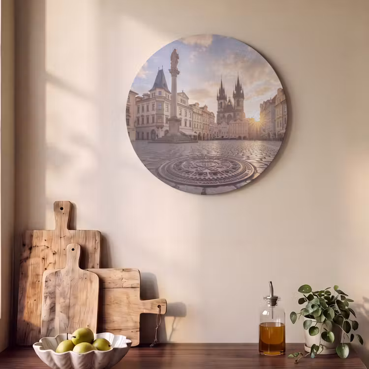Stad - Praag - Ochtend - Architectuur - Goud Akoestische PET Vilt - Rond klein -sfeer2