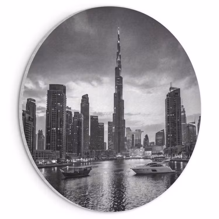Stad - Skyline - Architectuur - Avond - Zwart-wit Akoestische PET Vilt - Rond klein -3d