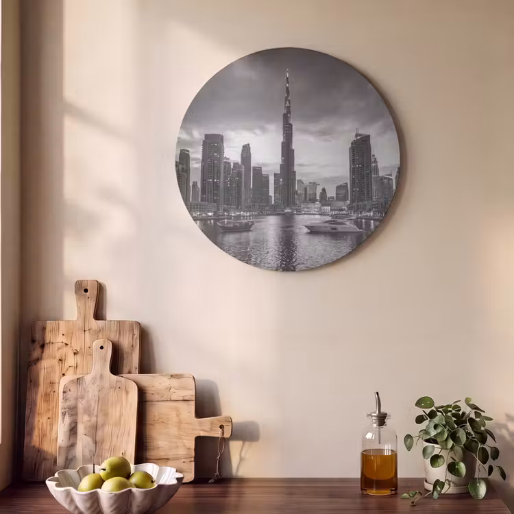 Stad - Skyline - Architectuur - Avond - Zwart-wit Akoestische PET Vilt - Rond klein -sfeer2