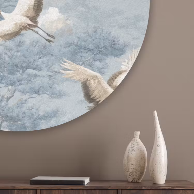 Wolken - Kraanvogels - Blauw Akoestische PET Vilt - Rond klein 838 -sfeer5_closeup