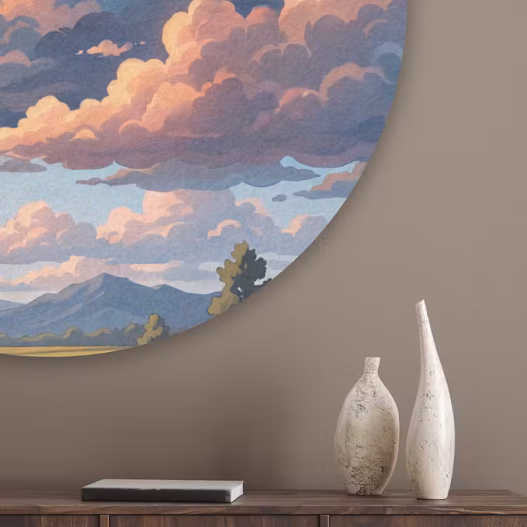 Wolken - Daghemel - Natuur - Illustratie - Oranje Akoestische PET Vilt - Rond klein -sfeer5_closeup